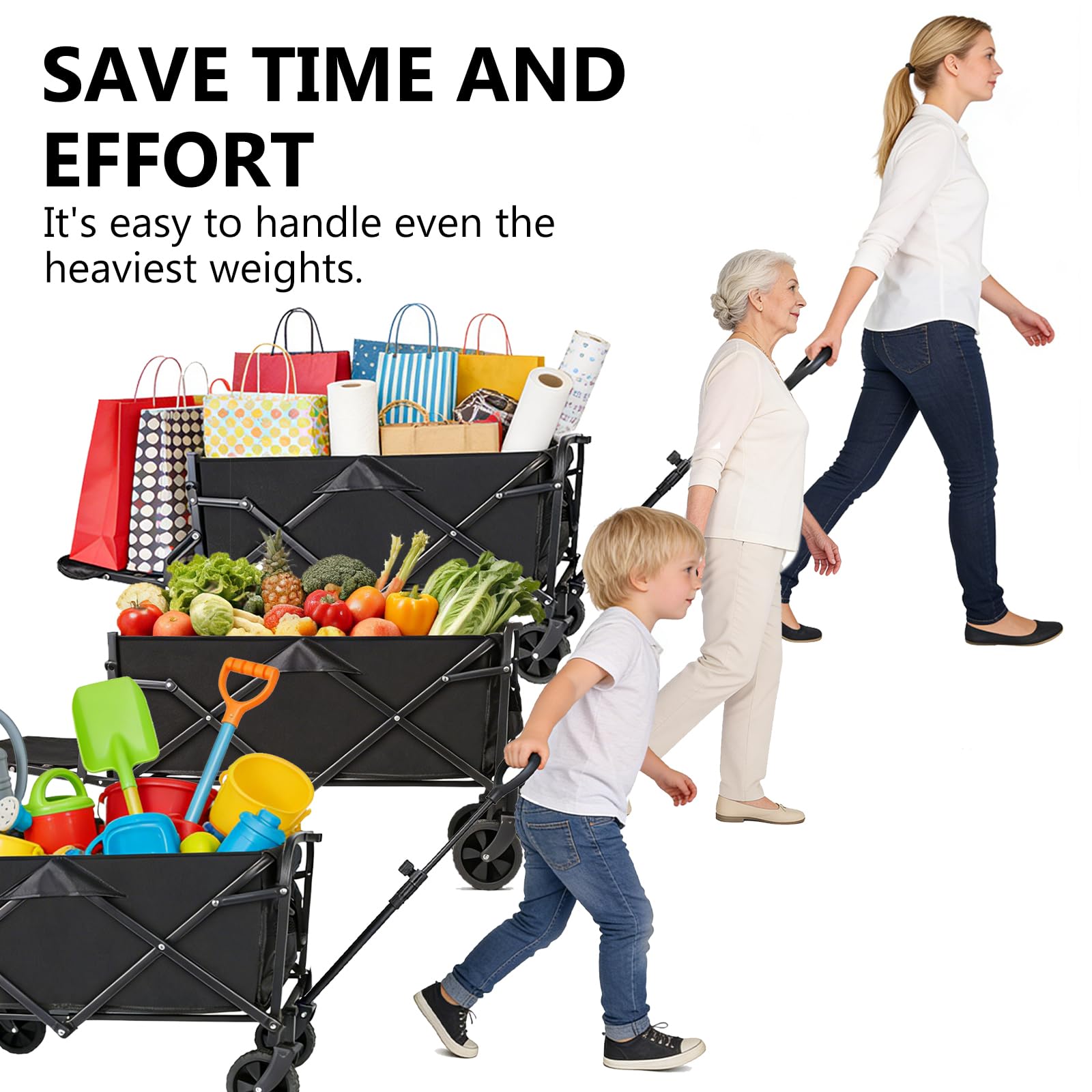 Chariot de Plage Pliable 120L (120KG), Chariot Pliable avec Hayon Arrière Rabattable à Plat pour Objets Longs, Chariot à roulettes 360° + 2 Porte-Gobelets, pour Camping & Shopping, Jardin