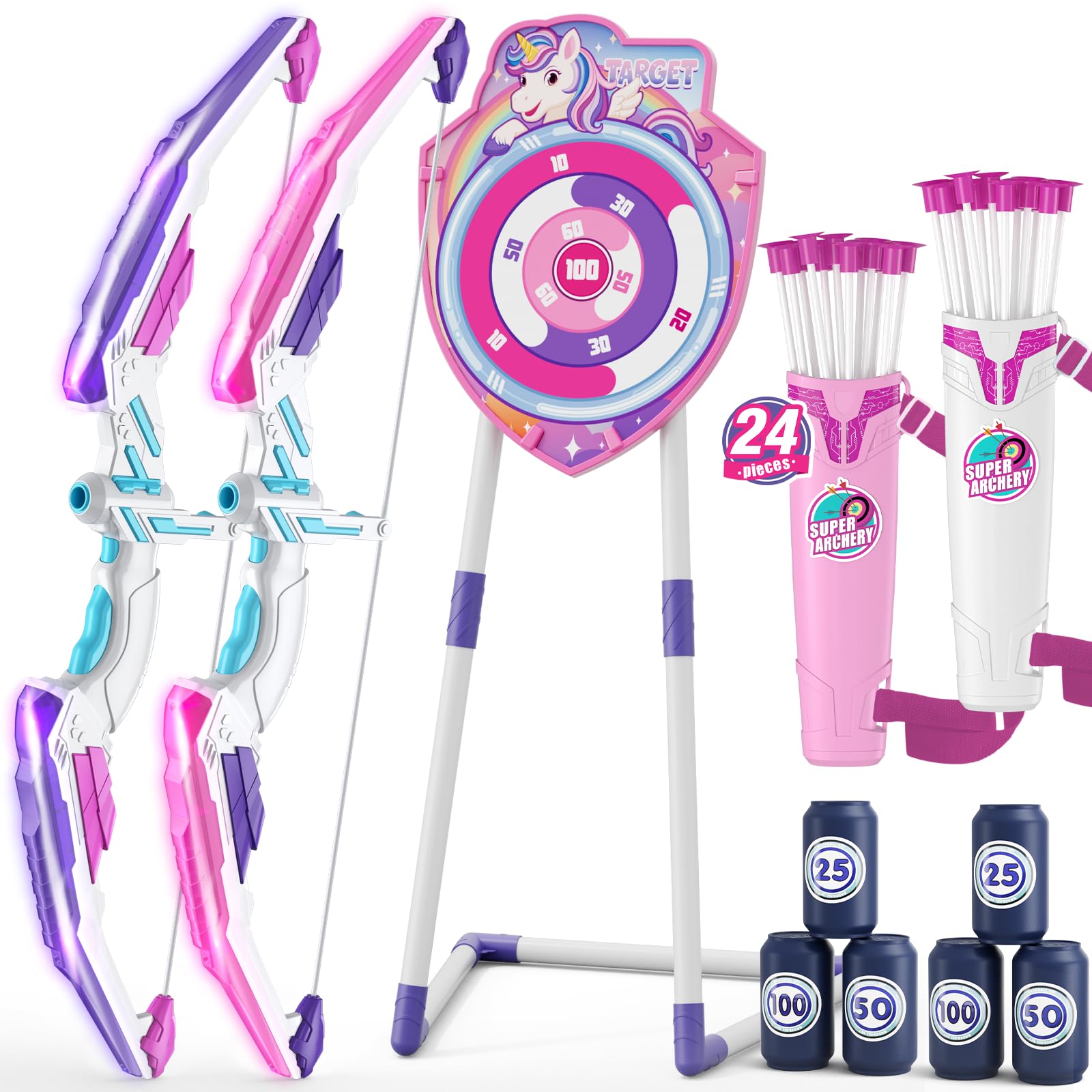 HYES 2 Pack Bow and Arrow for Kids, LED Light Up Archery Set with 24 Suction Cup Arrows, 1 Unicorn Standing Target, 6 Score Targets & 2 Quivers, Indoor Outdoor Gifts Toys for Boys Girls โ image 1