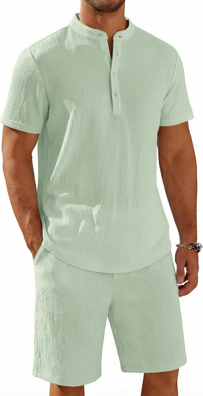 COOFANDY Men's 2 Piece Summer Beach Outfits, Textured Casual Henley Shirt and Shorts Set