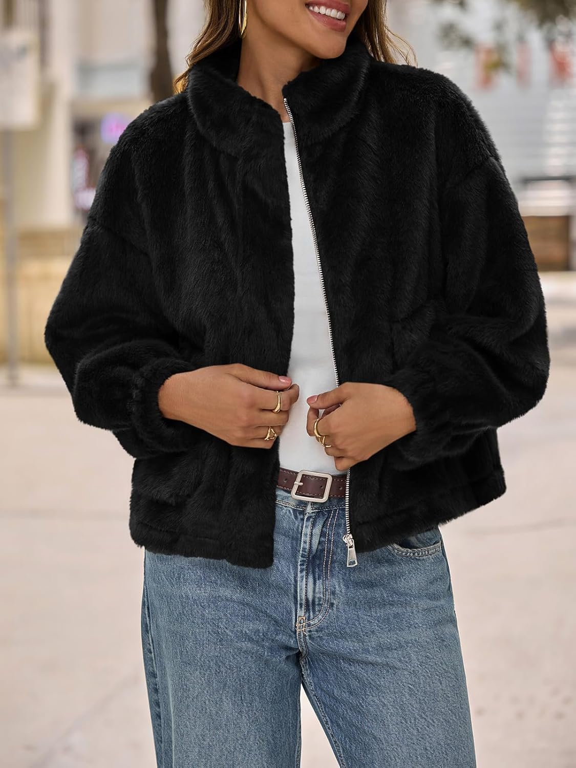 Tankaneo Womens Cropped Faux Fur Coat Fleece Stand Collar Zip Up Jacket 2025 Winter Warm Outerwear - Image 2