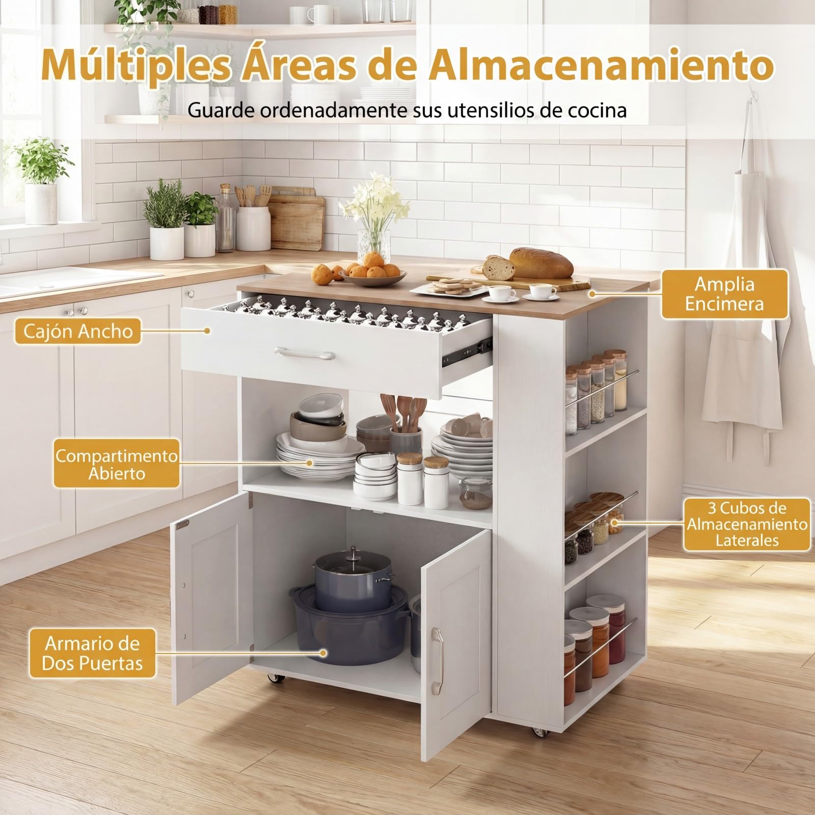 COSTWAY Carrito de Cocina con Ruedas y Estación de Carga, Armario de Sevicio Rodante con 3 Estantes Abiertos y un Cajón, Armario Grande de 2 Puertas (75 x 46 x 90,5 cm con Eschufe, Blanco)