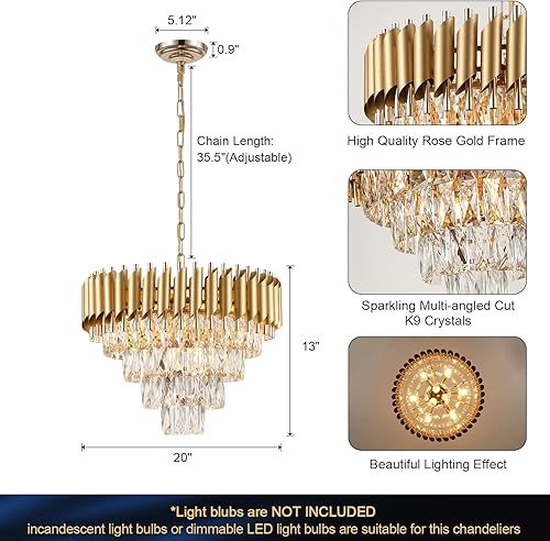 Miniatura 9 de AXILIXI - Lámpara moderna de cristal  Lámpara colgante de techo de cristal de 20 pulgadas, lámpara de 4 niveles con forma de gota de lluvia en negro