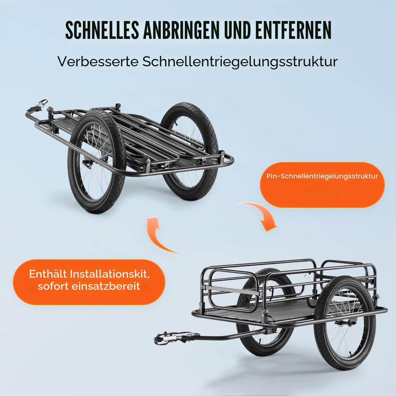 VEVOR Fahrradanhänger, 125 kg Tragkraft, Transportanhänger, faltbar und verstaubar, Schnellverschluss mit Universalkupplung, 50,8 cm Räder, passend für die meisten Fahrradräder, Rahmen aus Karbonstahl