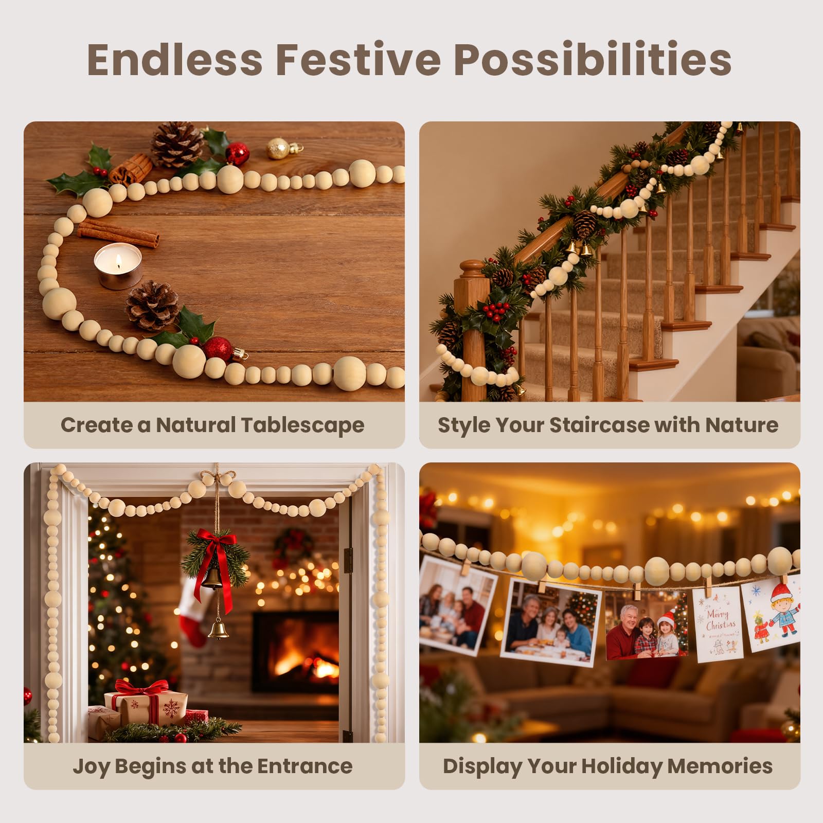 Lot de 2 guirlandes de perles en bois de Noël de 4,3 m - Décorations de style bohème pour sapin de Noël - Style rustique - Style rustique - Perles rondes - À suspendre au mur - Décorations de vacances