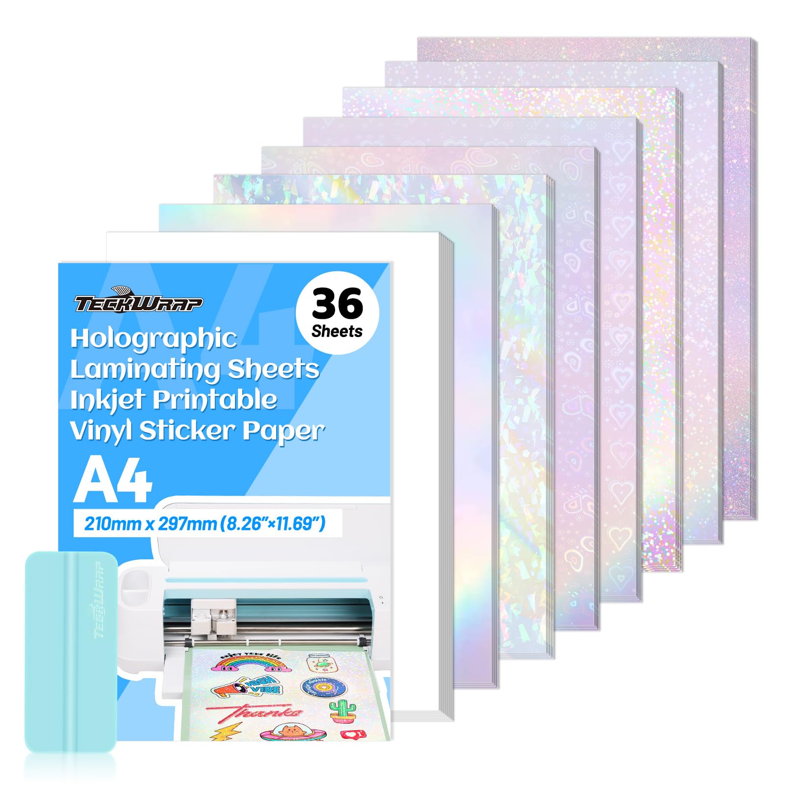 TECKWRAP 36 Sheets Holographic Inkjet Printer Sticker Paper 21 x 29.7 cm A4 Size Waterproof Photo Paper