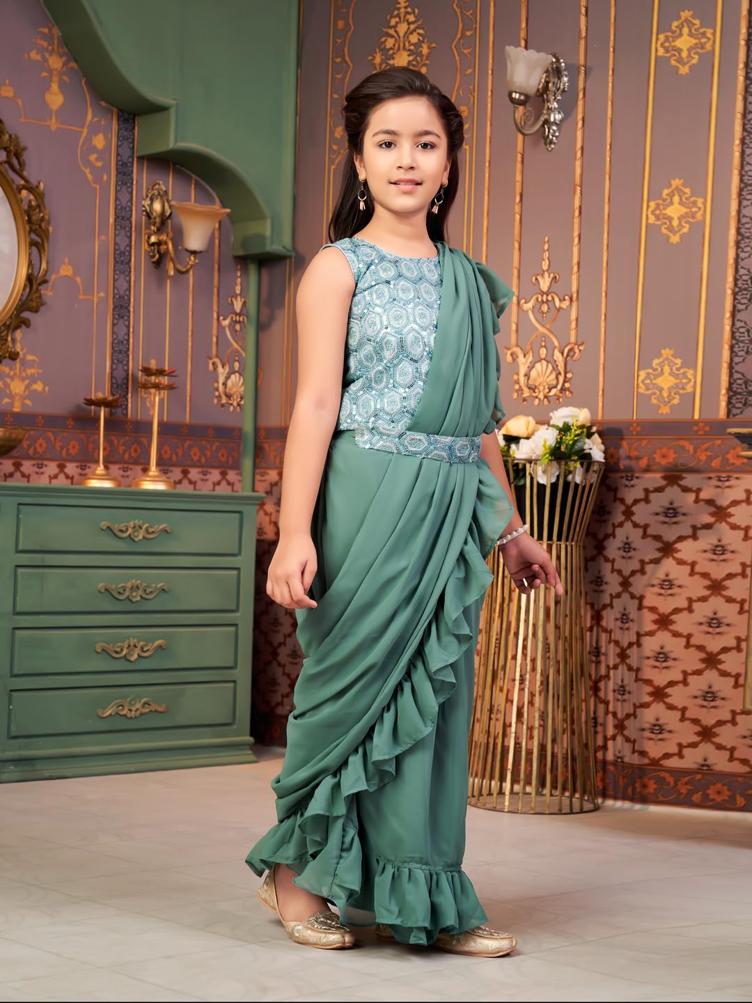 Aarika Girls Ethnic Wear Green Colour Sequin Embroidery Georgette Lehenga Choli Set With Attached Dupatta-4-13 Years (Lch-Shm-5014)