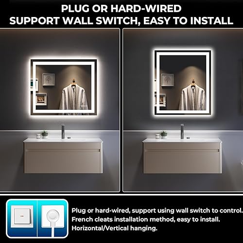 Miniatura 7 de Espejo de baño LED de 28 x 36 pulgadas con luces delanteras y retroiluminadas, espejo de tocador iluminado para pared de baño con 3 colores