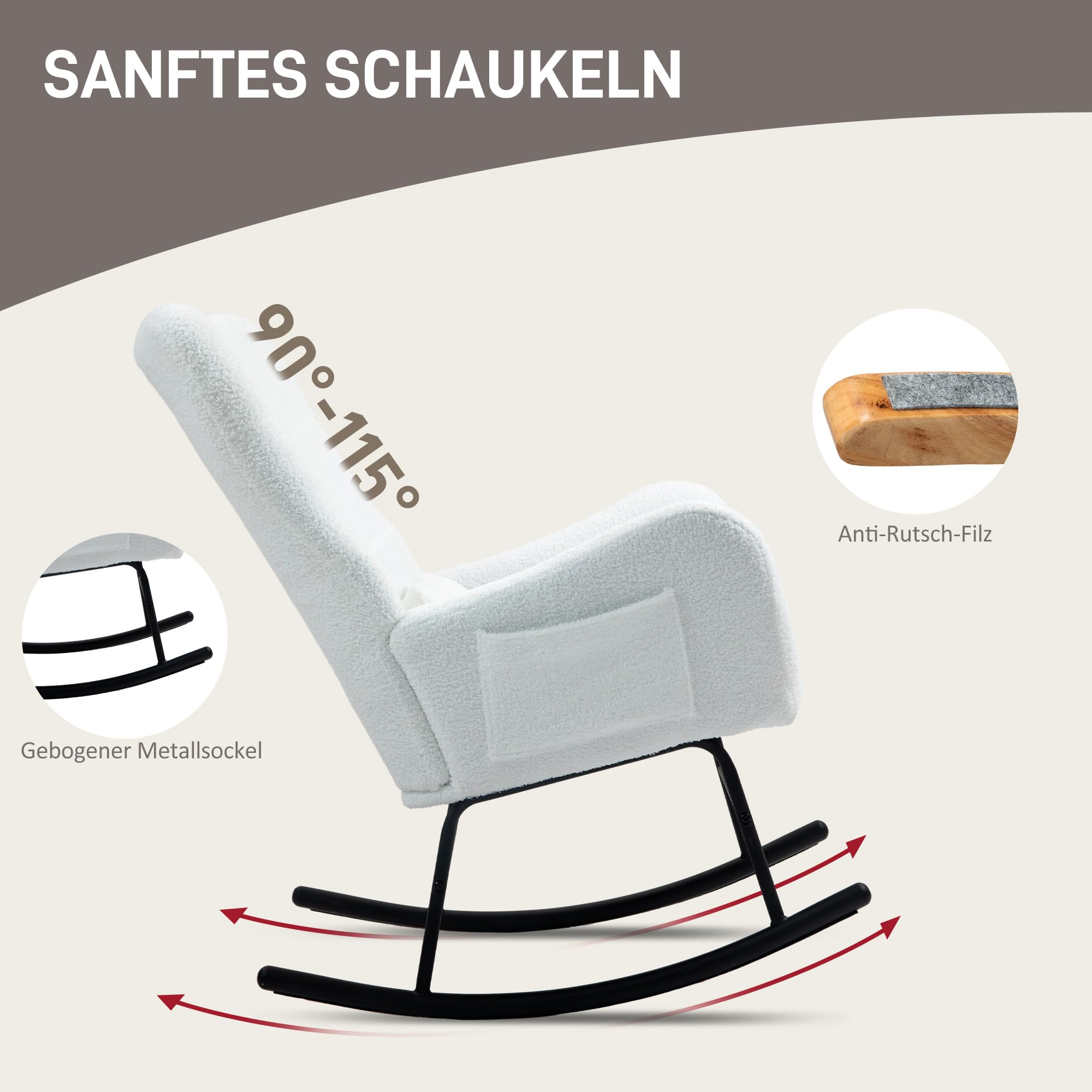 HOMCOM Schaukelstuhl, Schaukelsessel mit Teddystoff-Optik, Armlehne, Stillsessel mit Metallkufen, Lendenkissen, Relaxsessel mit Seitentasche für Wohnzimmer, Schlafzimmer, Weiß