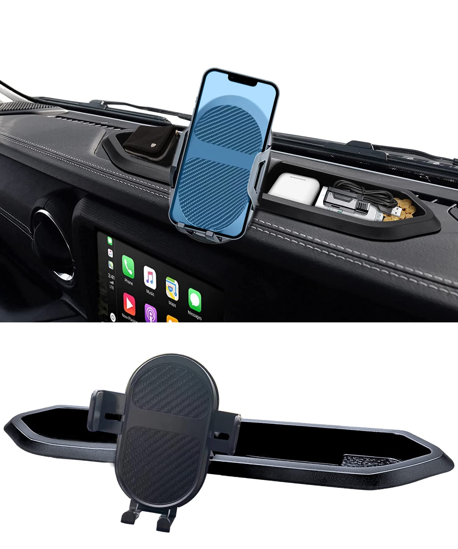 for Jeep JL Dash Phone Mount, Carbon Fiber Extension Phone Holder Stoage Tray Cellphone System Kit fits for 2018-2022 Jeep Wrangler JL JLU & Jeep Gladiator JT, Don't for Oil-Electric 4xe
