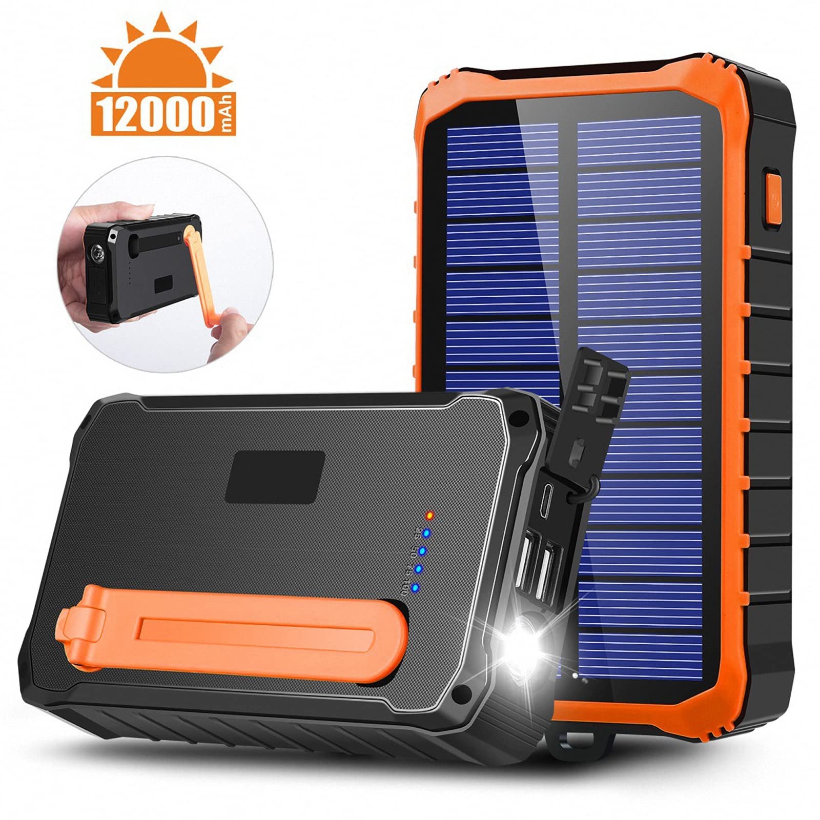 Powerbank solarny 12000 mAh, przenośna korba ręczna/ładowanie USB/ładowarka do panelu słonecznego, 2 wyjścia ładowania, z latarką oświetleniową, kompatybilna z większością smartfonów, pomarańczowy, 12000 mAh