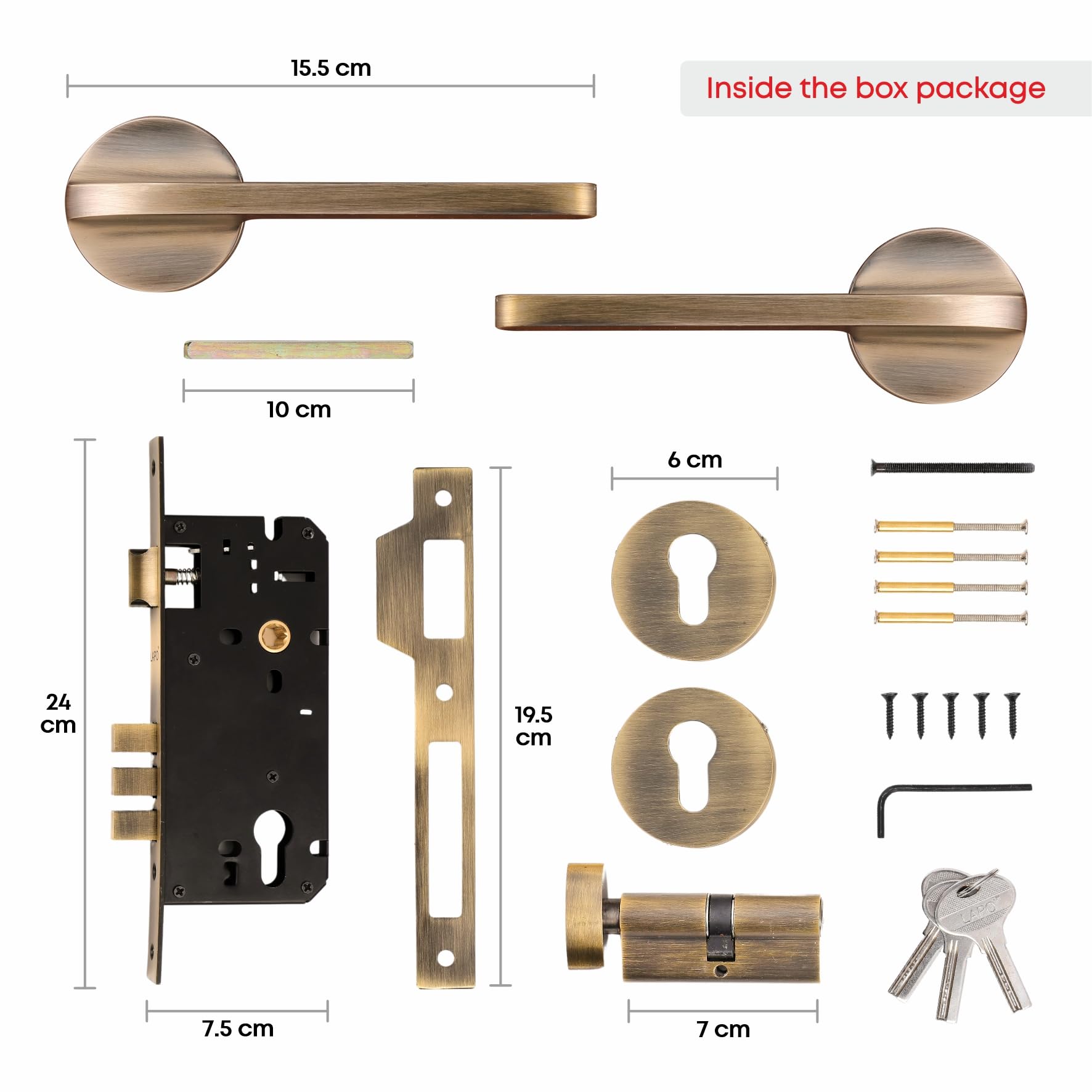 LAPO Mortise Door Lock for Home Main Door & Bedroom with Handle | Heavy-Duty 70mm Cylinder | 50x85mm Body | 3 Brass Keys | Left-Right Fit 30-50mm Door Home Office Hotel | Antique Finish | Ro-127 3