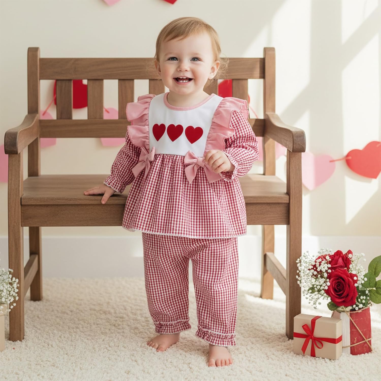 Toddler Girl Valentines Day Outfit Embroidery Ruffle Long Sleeve Tunic Dress Top Plaid Wide Leg Pants 2 Piece Clothes - Image 3