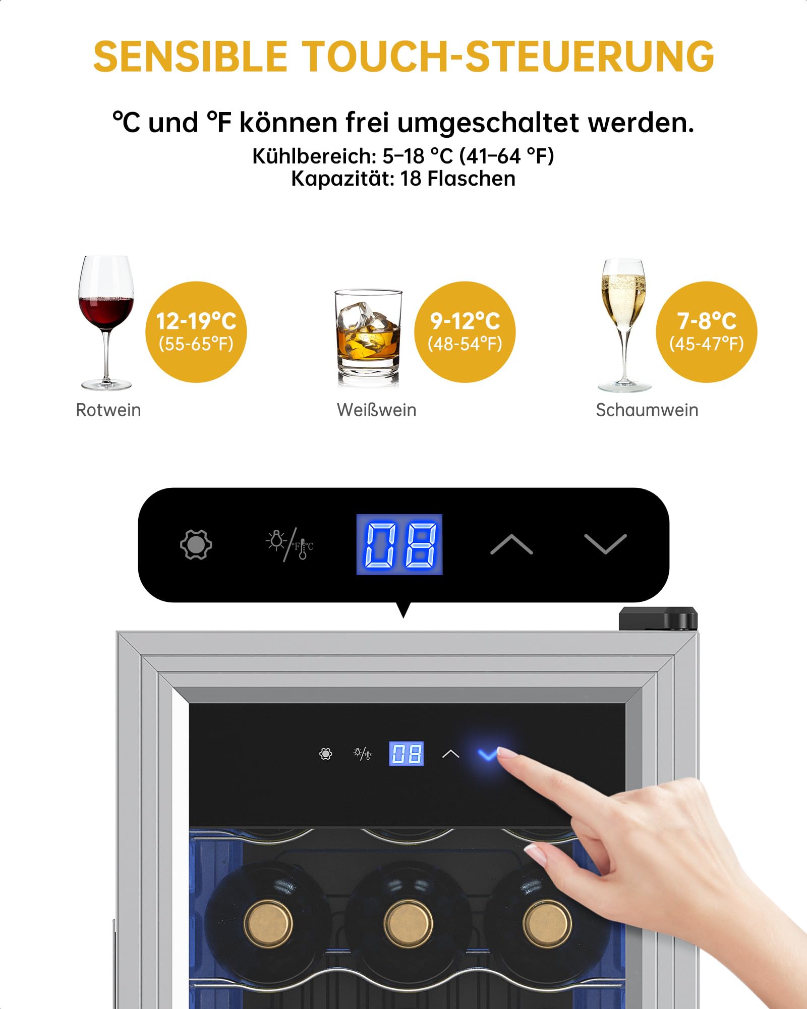 WIE Weinkühlschrank Compressor 53 Liter 18 Flaschen Getränkekühlschrank mit Glastür LED Touchpanel Anti-UV 5-18°C