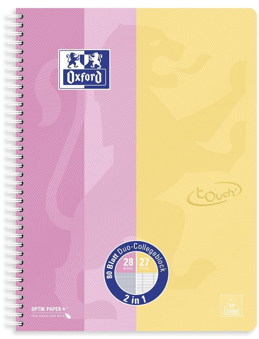 Oxford Collegeblock Duo A4+ kariert und liniert, 80 Blatt (rosa/gelb | TOUCH, 5er Pack)