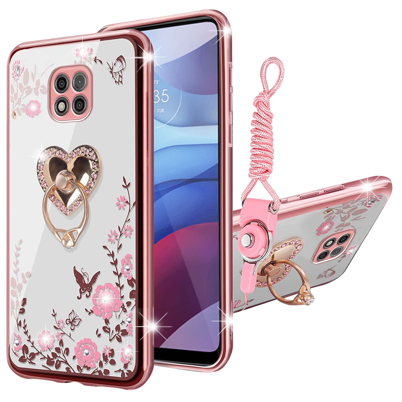 Custodia KuDiNi Con Strass Per Moto G Pure / G Power 2022 – Glitter Farfalla E Cuore Con Anello Porta E Cinghia - 3