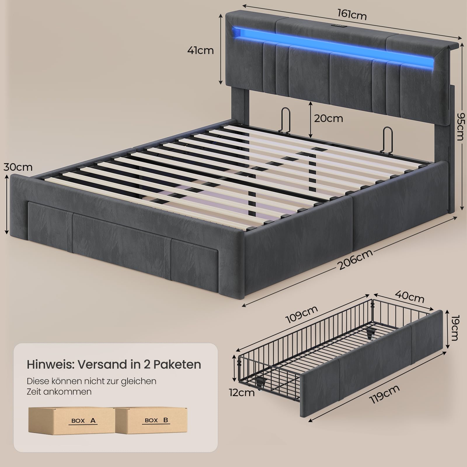 AGOLLATI Letto Matrimoniale con Contenitore 160x200 Letto Contenitore Matrimoniale Con LED Letto Contenitore Idraulico con Stazione Di Ricarica Struttura Letto Matrimoniale Con Testiera Regolabile