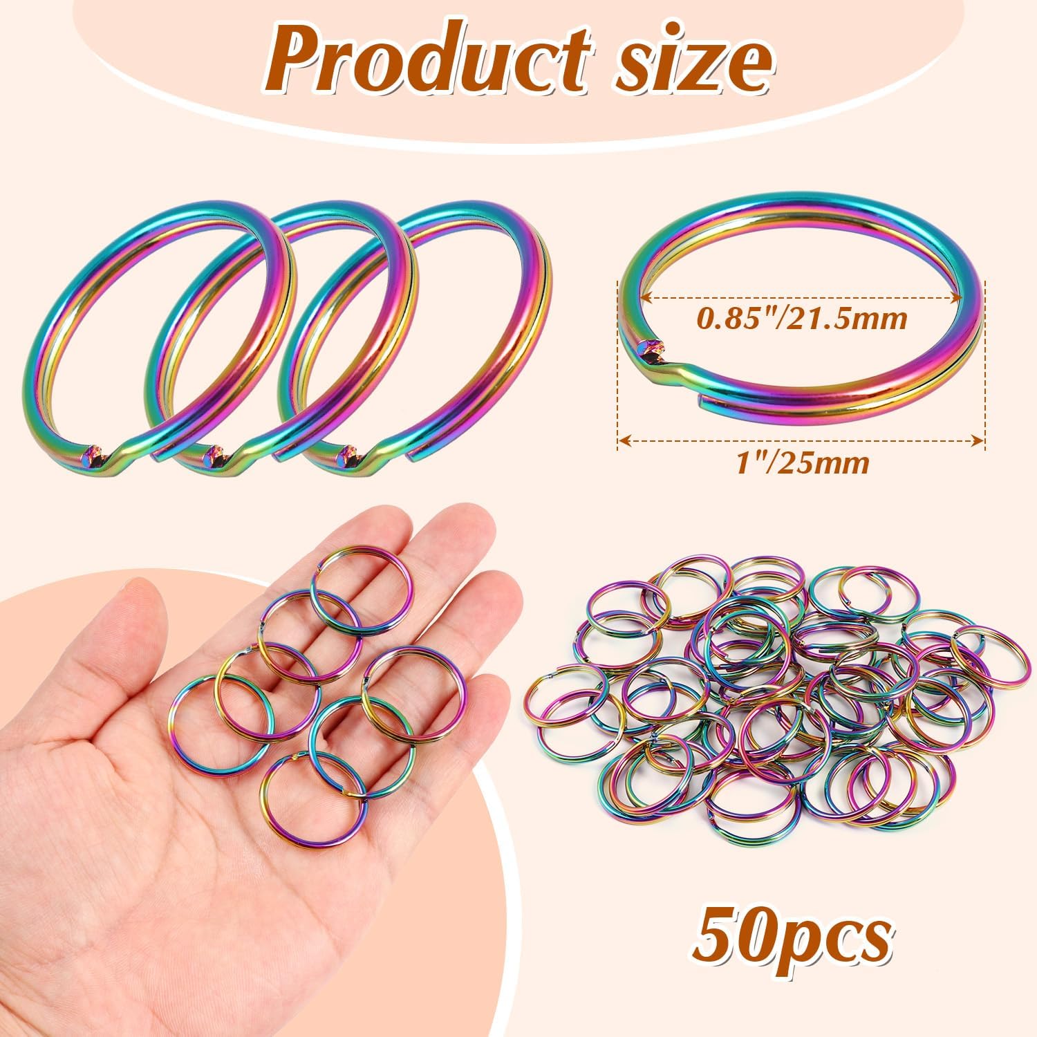 Rainbow 50 Pcs Split Key Rings 1 Inch-Key Rings Bulk -1" Jump Rings Split Round Metal Keyring for Lanyards,Keychain, Tags, CraftsKeys, Jewelry Making Supplies