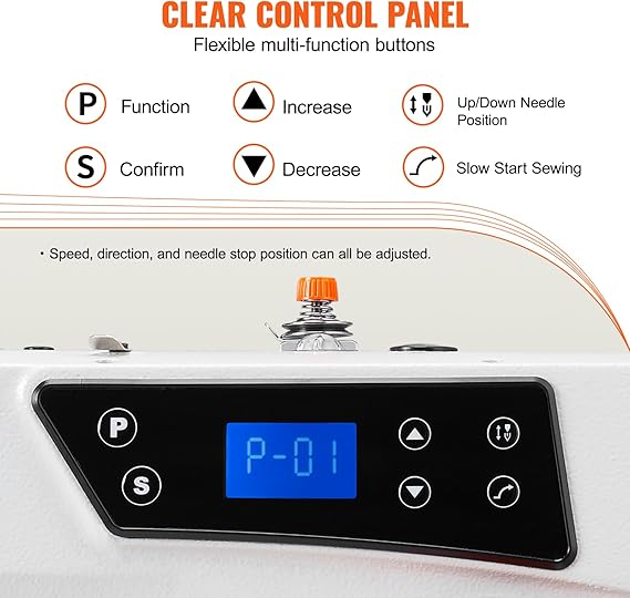 VEVOR Industrial Sewing Machine, 550W Servo Motor and Table Stand, 5000s.p.m Heavy-duty Lockstitch Sewing Machine, Clear Control Panel and Electro-mechanization Intelligent Start-stop for Easy Use
