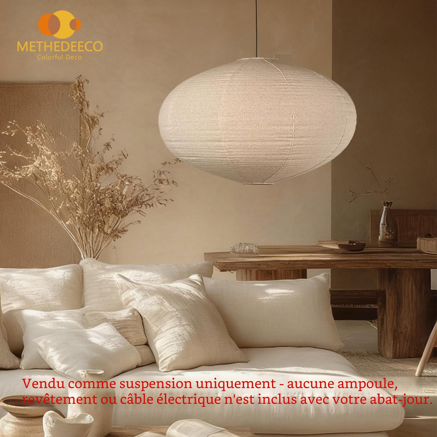 METHEDEECO Abat-jour ovale en lin 50 cm, abat-jour suspendu en tissu fait main pour salon, chambre et salle à manger, style bohème japandi minimaliste, ampoule non incluse