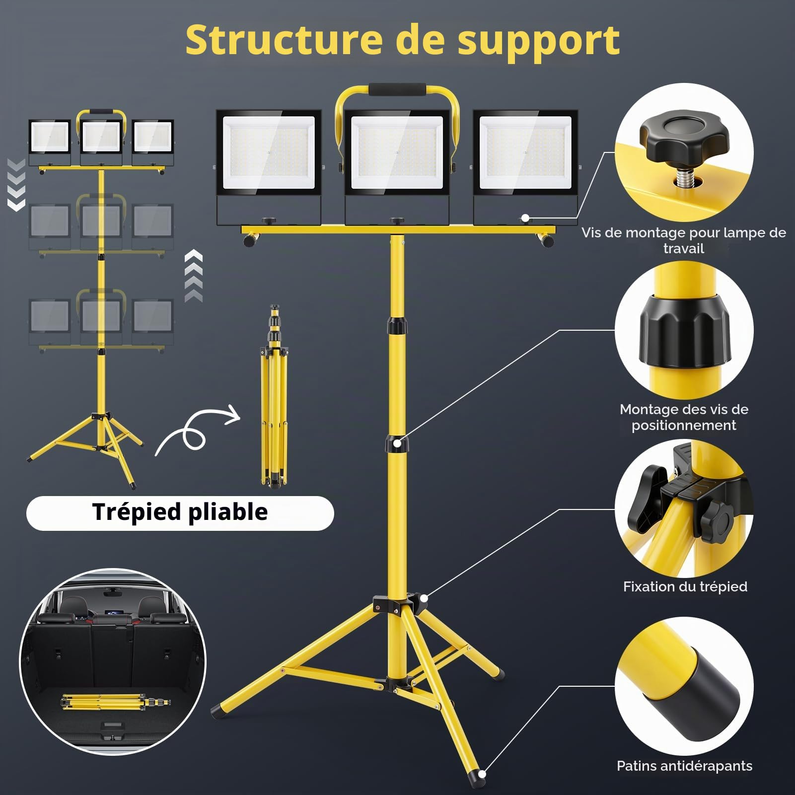 300W Projecteur LED Chantier avec Trépied, 3x100W 30000LM Projecteur de Chantier 6500K 4500K 3000K, Hauteur Réglable de 85-180cm, Étanche IP66 Lampe de Chantier pour Chantier Garage Atelier