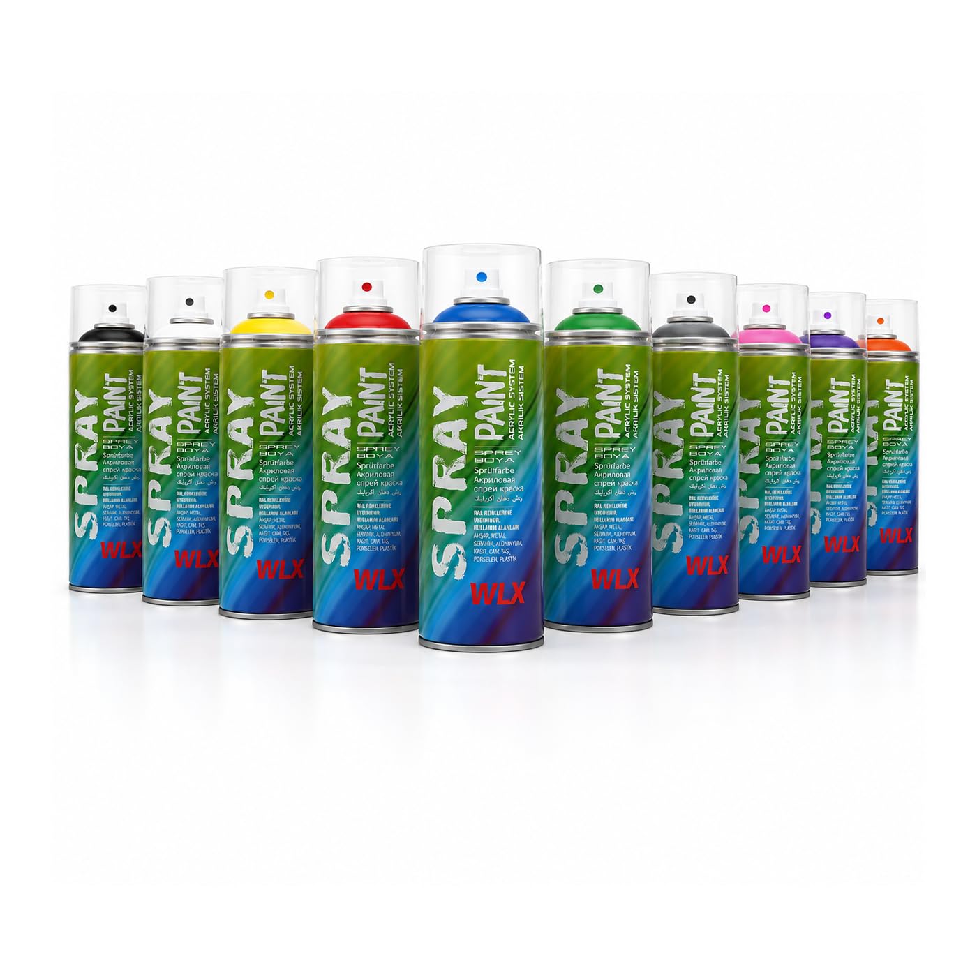 WLX Sprayfarben Set 10 x 400 ml – Schnelltrocknender Sprühlack in RAL-Farben – Hochglänzende Sprühfarbe für Holz, Metall, Stein, Glas & Wand – Lackspray & Graffiti Spray (10-Farben-Set)
