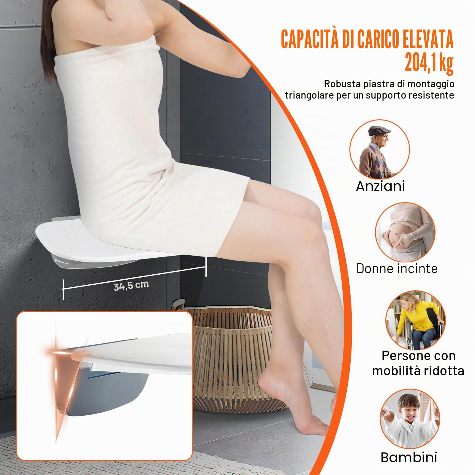 VEVOR Sedile per Doccia Pieghevole con Urea-Formaldeide 345 x 325 x 270 mm Panca per Doccia Pieghevole a Parete, Capacità di 204 kg Sedia da Doccia Pieghevole Salva Spazio per Anziani Bambini Adulti