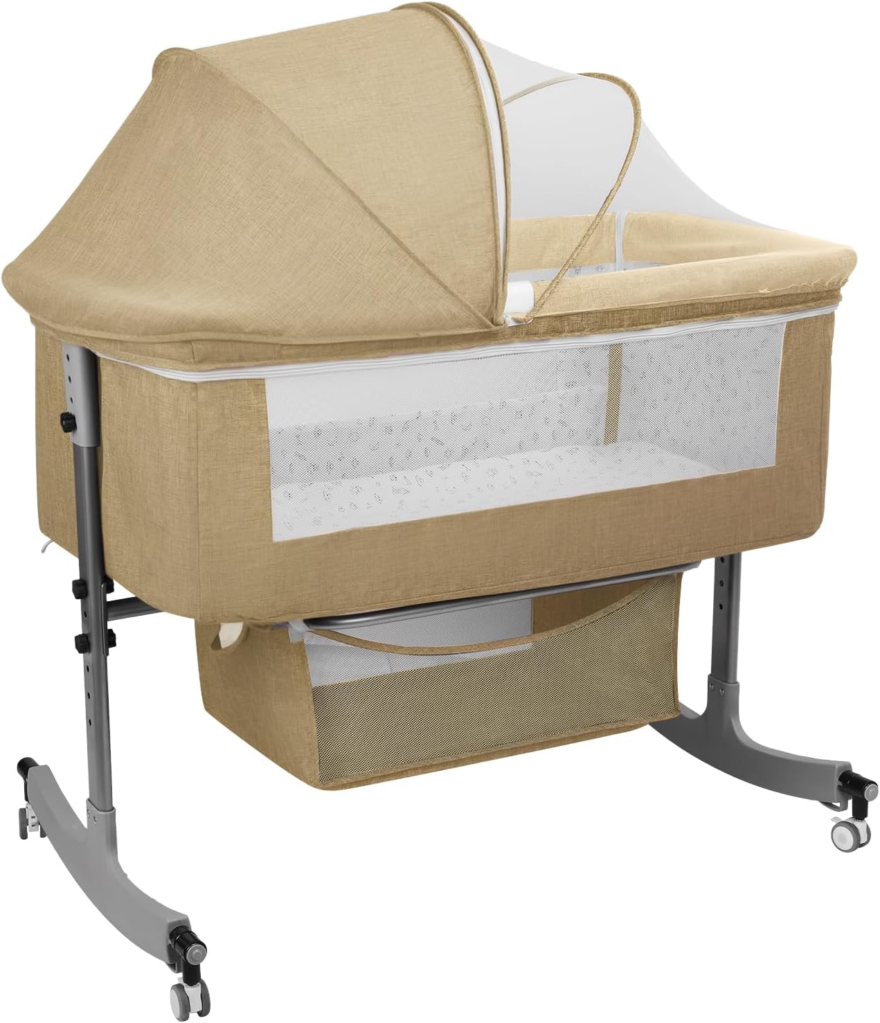 3-in-1 Multi-Function Bassinet with Storage Basket, Baby Crib with 6 Levels Height Adjustable, Portable Baby Bassinet with Mosquito Net and Wheels (Yellow)