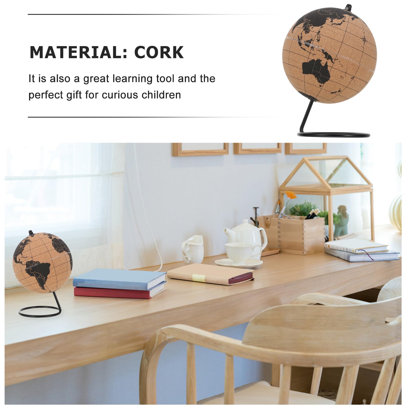 VICASKY Globe Mappamondo da Scrivania in Sughero, Supporto Stabile, Design Delicato, per Ufficio e Decorazione, Strumento Educativo