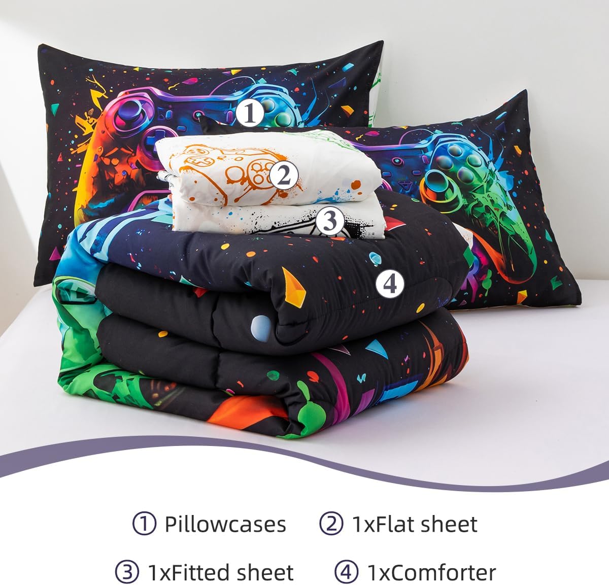 Holawakaka Twin Size Gaming Console Bed in A Bag 5 Pieces for Boys Gamer Comforter with Sheets Set for Kids Teens Graffiti Video Gamepad Quilt Bedding Set, Multi-Color Twin - Image 9