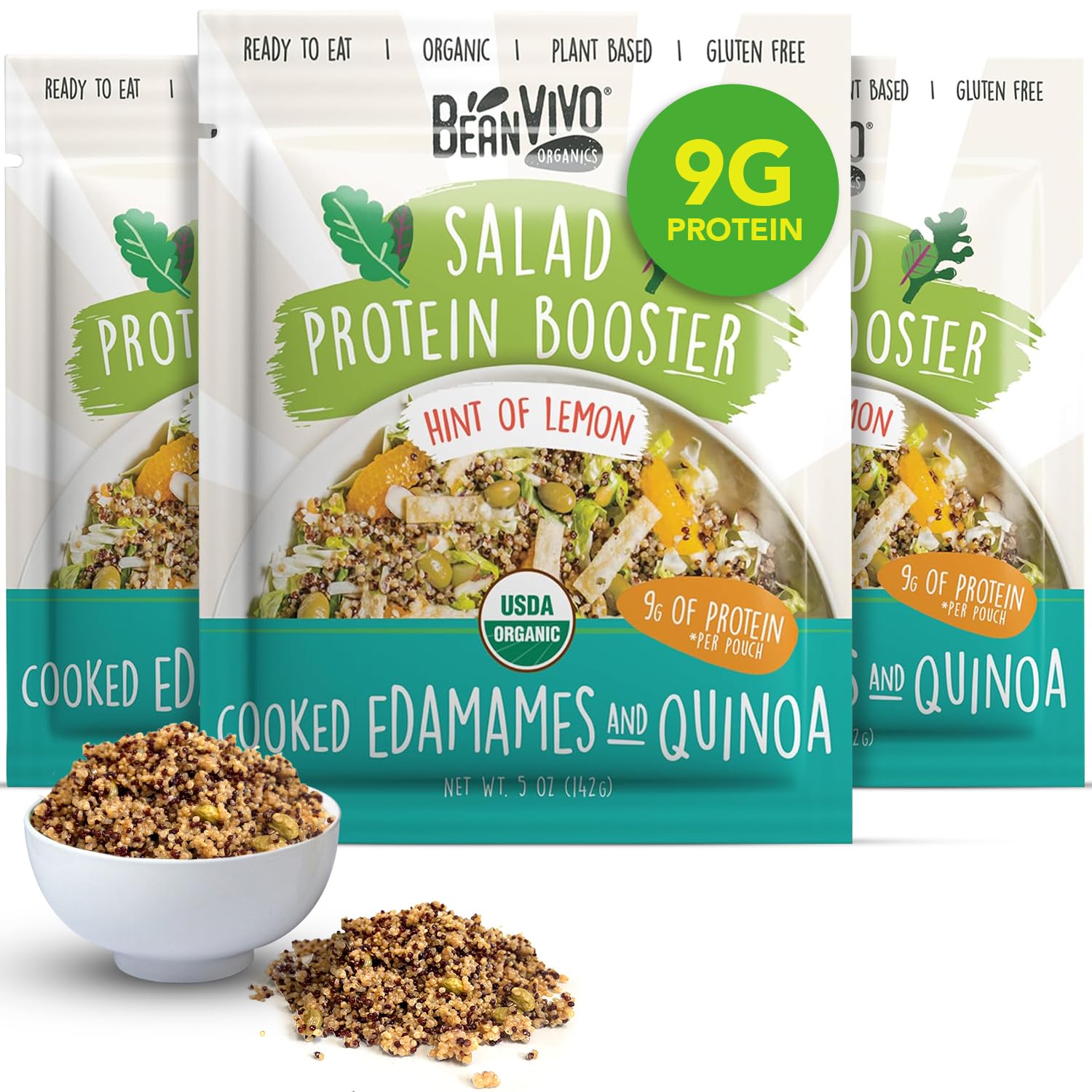 BeanVIVO 3-Pack Salad Protein Booster - Organic cooked Edamame & Quinoa Hint of lemon delivering a burst of taste and 9g of protein-packed goodness in every pouch 5ozUSDA Organic