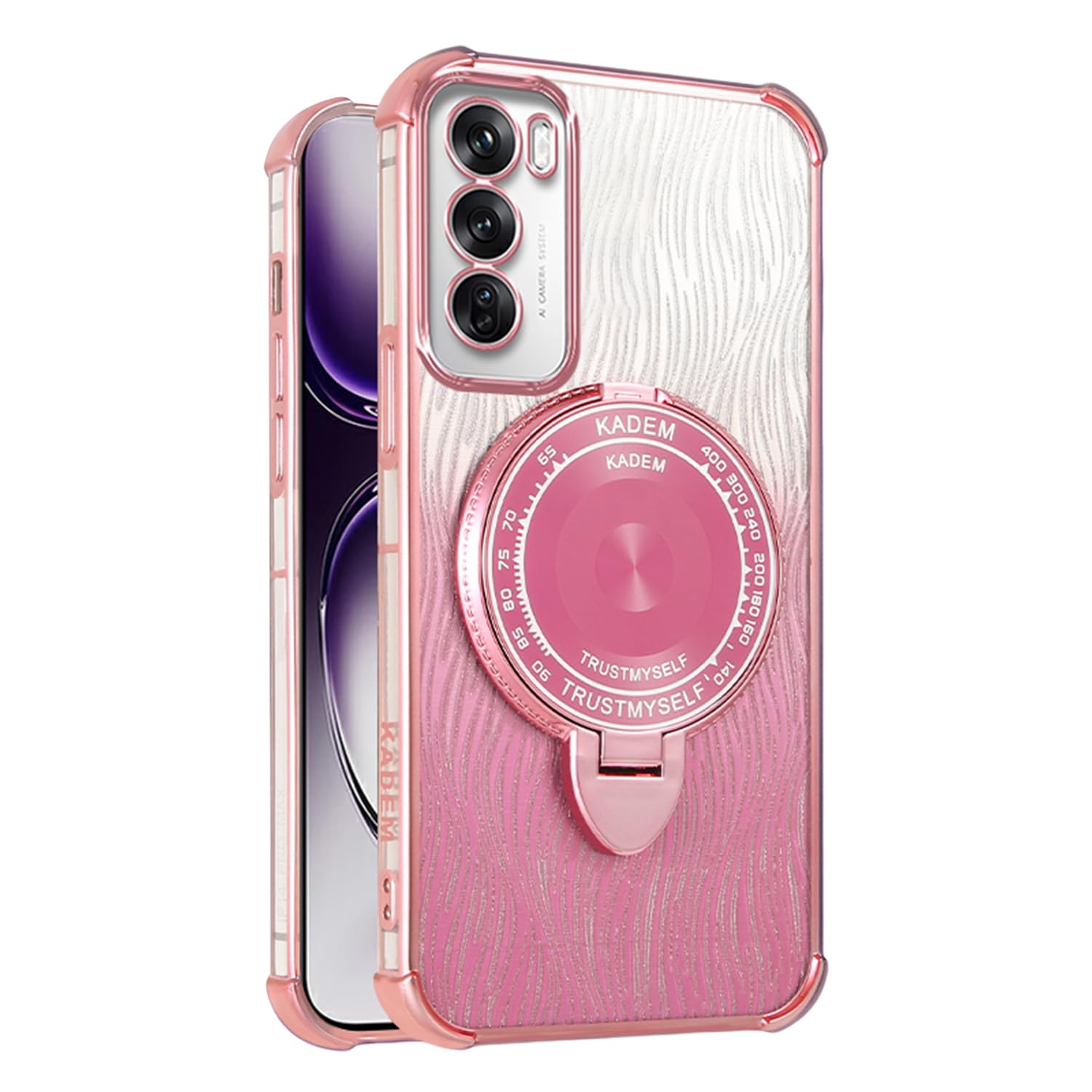TPU Case for Oppo Reno 12 Pro Cover, Luxury Shockproof Slim with Makeup Mirror Case with Metal Kickstand [Support Magnetic Car Holder] Compatible with Oppo Reno 12 Pro Case for Woman (Pink)