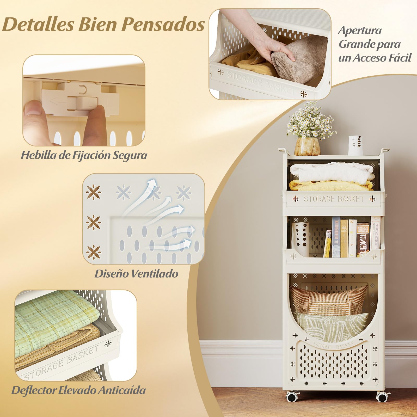 GOPLUS Carrito para Ropa Sucia con Ruedas, Cesta de Ropa con 3/4 Estantes y Cubo Extraíble, Compartimento Abierto y 6 Ganchos, Contenedor Plegable Plástico para Baño Lavandería (21L+21L+40L)