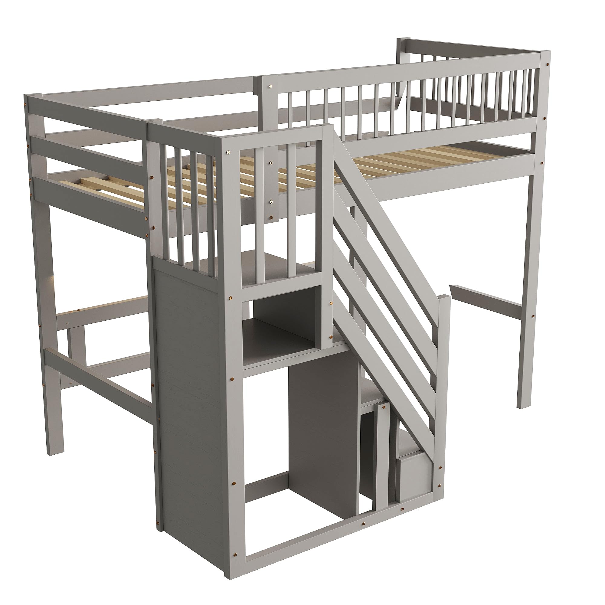 Hochbett 90x200cm, Etagenbett Treppe mit Aufbewahrungs Schrank, Raumfreundliches Design Hochbett für kleine Zimmer oder Gemeinschaftsräume, Grau