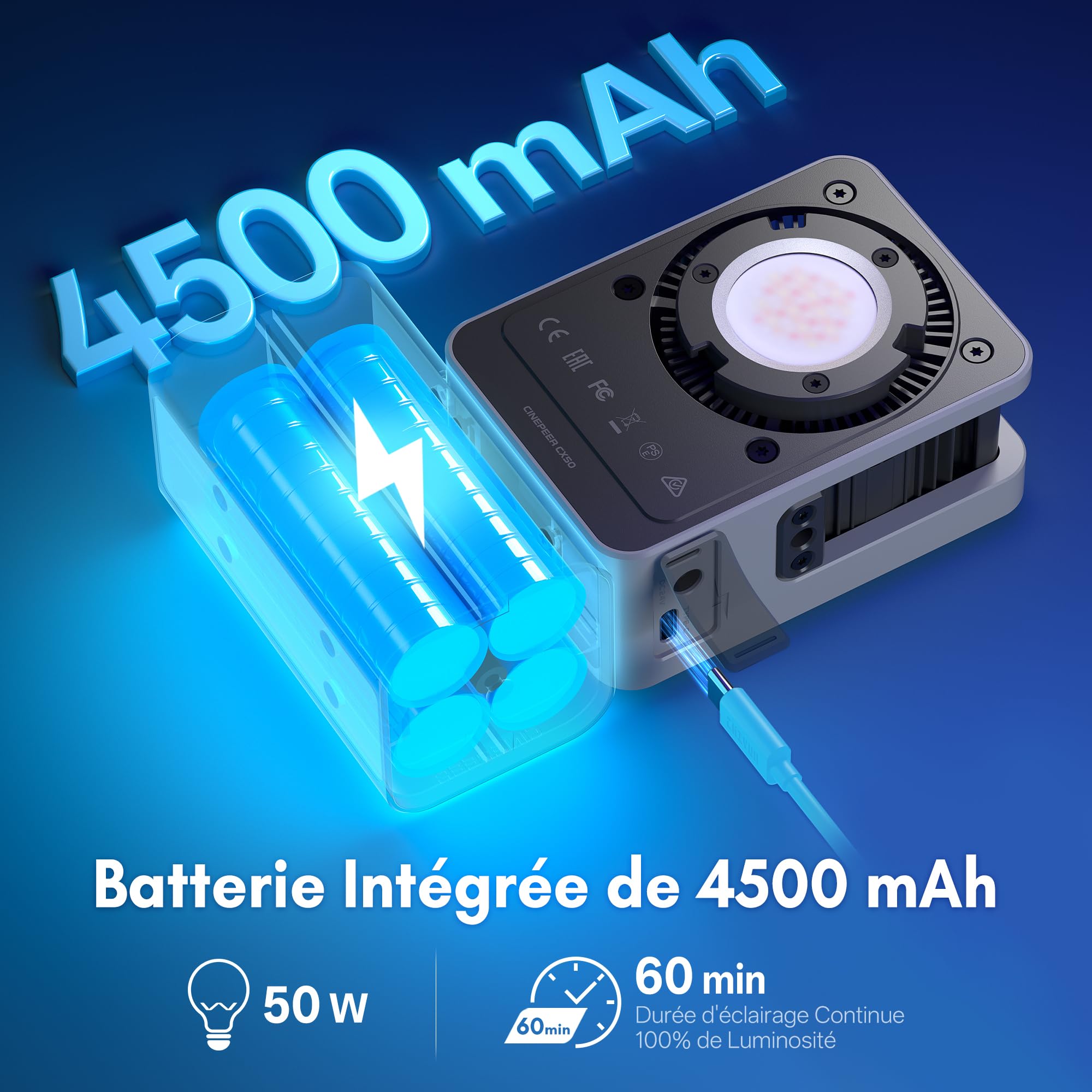 Lumiere Video RGB, ZHIYUN CINEPEER CX50 RGB 50W Lampe Video LED avec Contrôle APP, Batterie 4500mAh,Prend Charge Rapide PD, 2700-6500K/CRI≈95/TLCI≈96/18Effets Lumiere pour Vidéo/Photo/Caméra