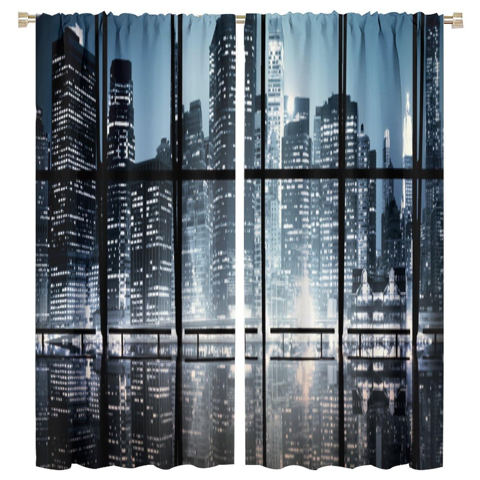 Modern Curtains, Modern New York City Scenery at Night with Skyscrapers Buildings Print for Living Rooms and Bedrooms Drapes 2 Panels 63x72in