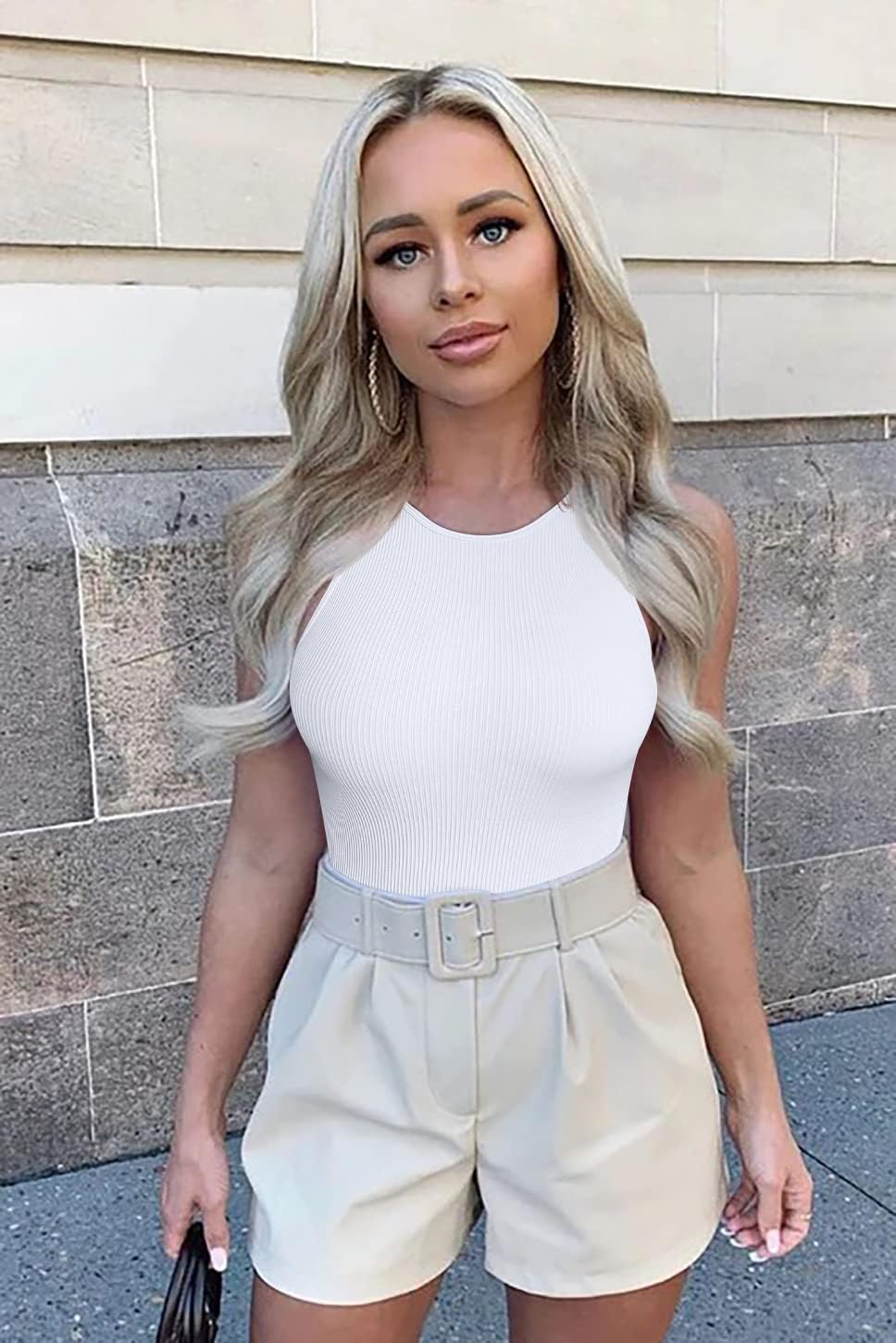 OQQ Women's 3 Piece Bodysuits Sexy Ribbed One Piece Sleeveless Halter Neck Tops Leotard Summer Trendy - Image 4