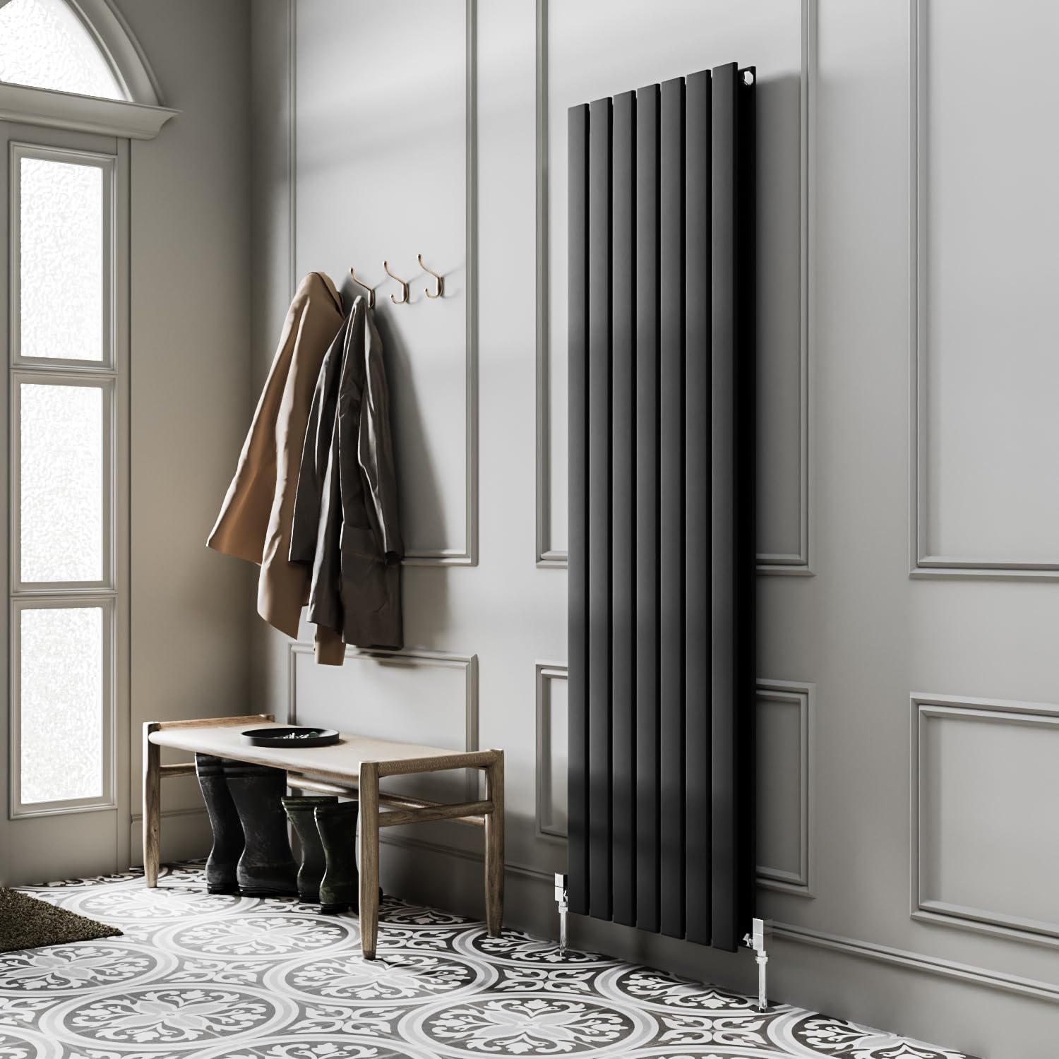 Go Bathrooms Pinta 1600 x 475mm Vertical Radiator Black Flat Panel Double Column Tall Upright Radiator Matt Black Wall Mounted Central Heating Includes Mounting Brackets