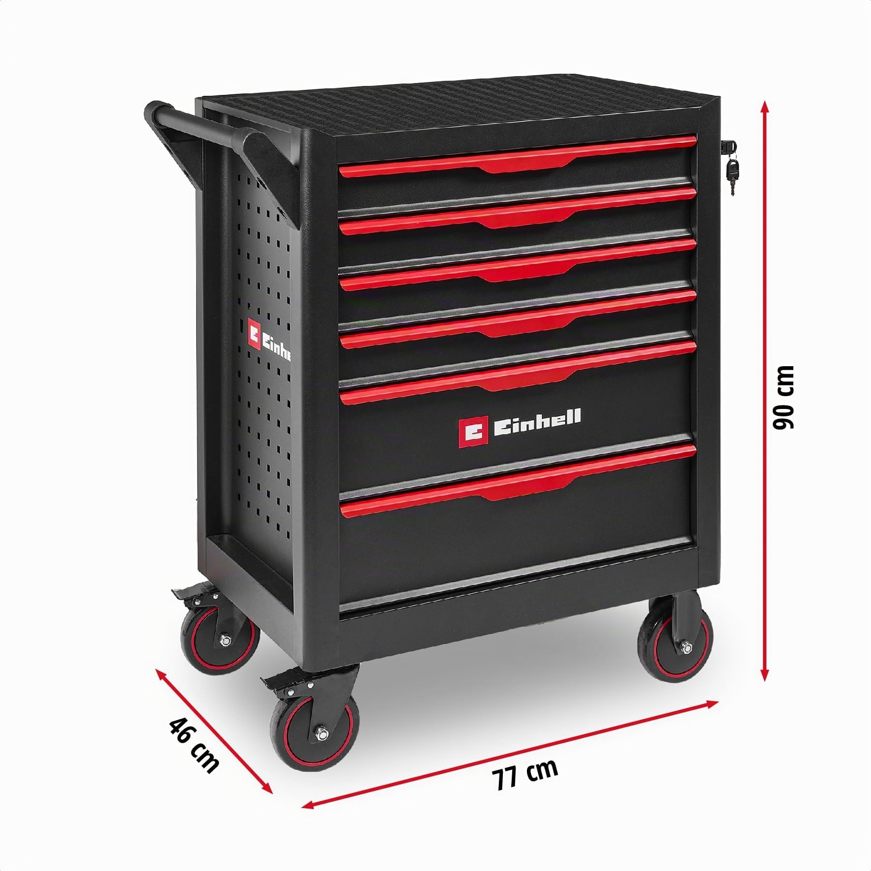 Einhell 149 pezzi carrello portautensili da officina | Inserti da 25 mm | chiavi combinate | set di bussole | cricchetto | pinze | martello da meccanico | livella | metro a nastro
