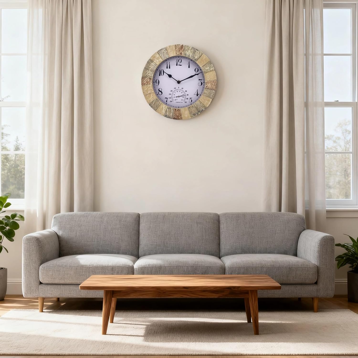 Outdoor Clock Thermometer Combo, 10 in / 26 Cm Waterproof Wall Clock for Garden Patio, European Style Resin, Accurate -58 ℉ / -50 ℃ Temperature Display