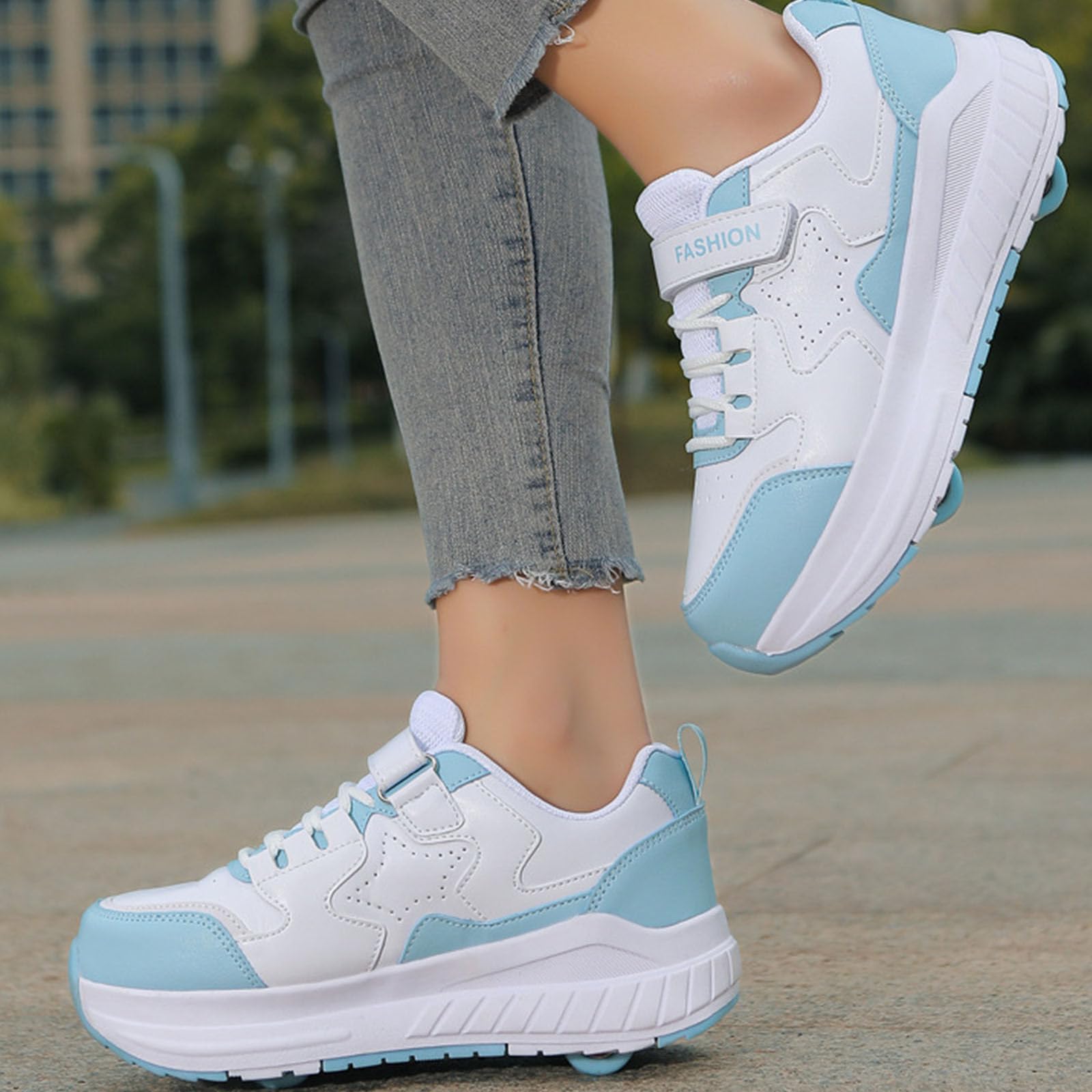 Surwin Chaussures roulettes Enfant, Boucle en Nylon Chaussures de Skateboard Fille Garçon avec 4 Roues Basket à roulettes 2 en 1 Sneakers Roller Respirant Skateboarding Shoes