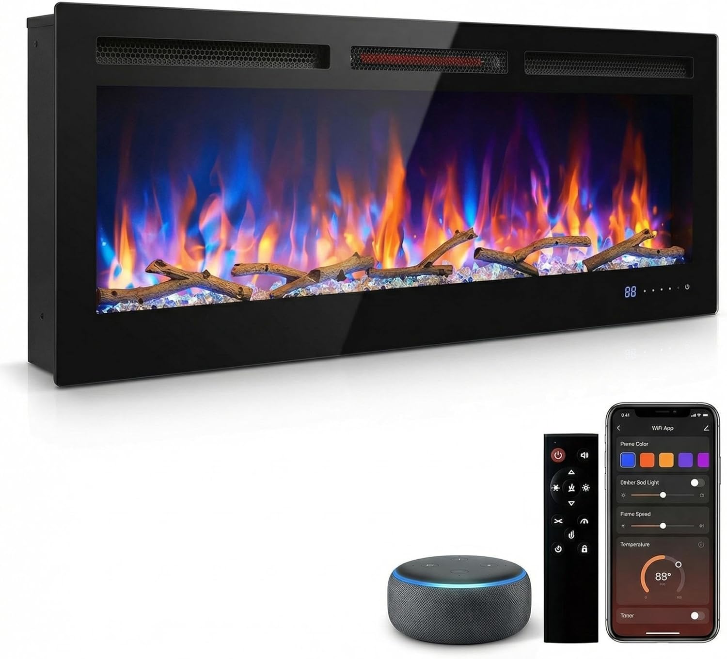 Chimenea Eléctrica Inteligente 50 Pulgadas, Insertar o Montar, WiFi/Alexa