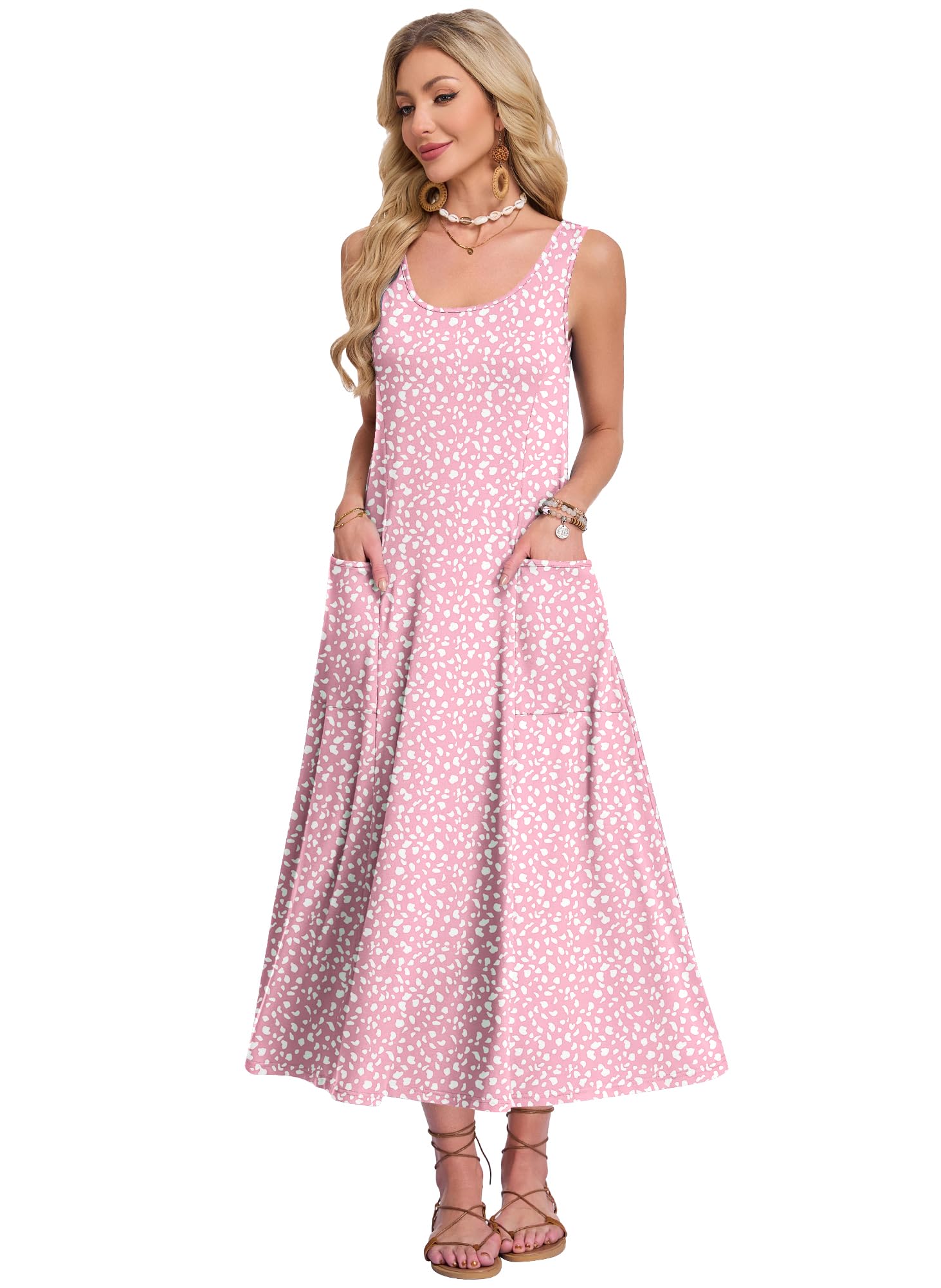 AUSELILY Robe Longue Femme ete sans Manches Robe de Plage Coupe trapèze Longues Style décontracté col en U Robe de Ample pour Les Vacances avec Poche