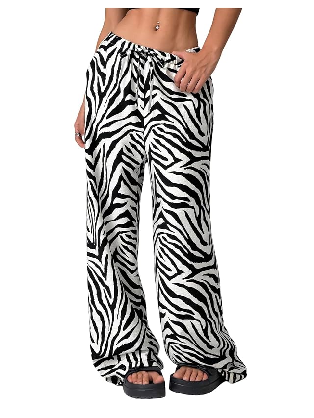 MakeMeChic Womens Zebra Striped Wide Leg Pants Baggy Drawstring Waist Y2K Trousers Streetwear