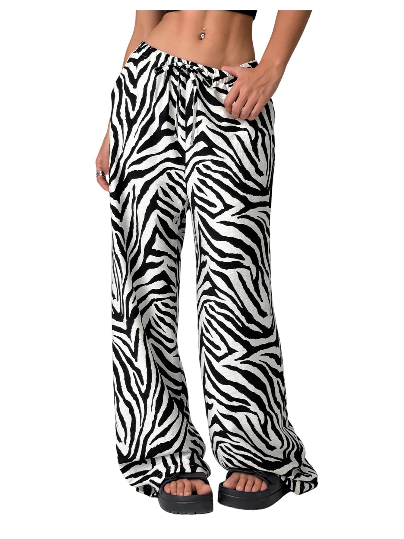 MakeMeChic Womens Zebra Striped Wide Leg Pants Baggy Drawstring Waist Y2K Trousers Streetwear