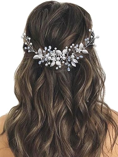 Miniatura 1 de EASEDAILY Boda para el cabello de la novia, vid de hoja plateada, tocados de novia de cristal de perla, accesorios para el cabello para mujeres y