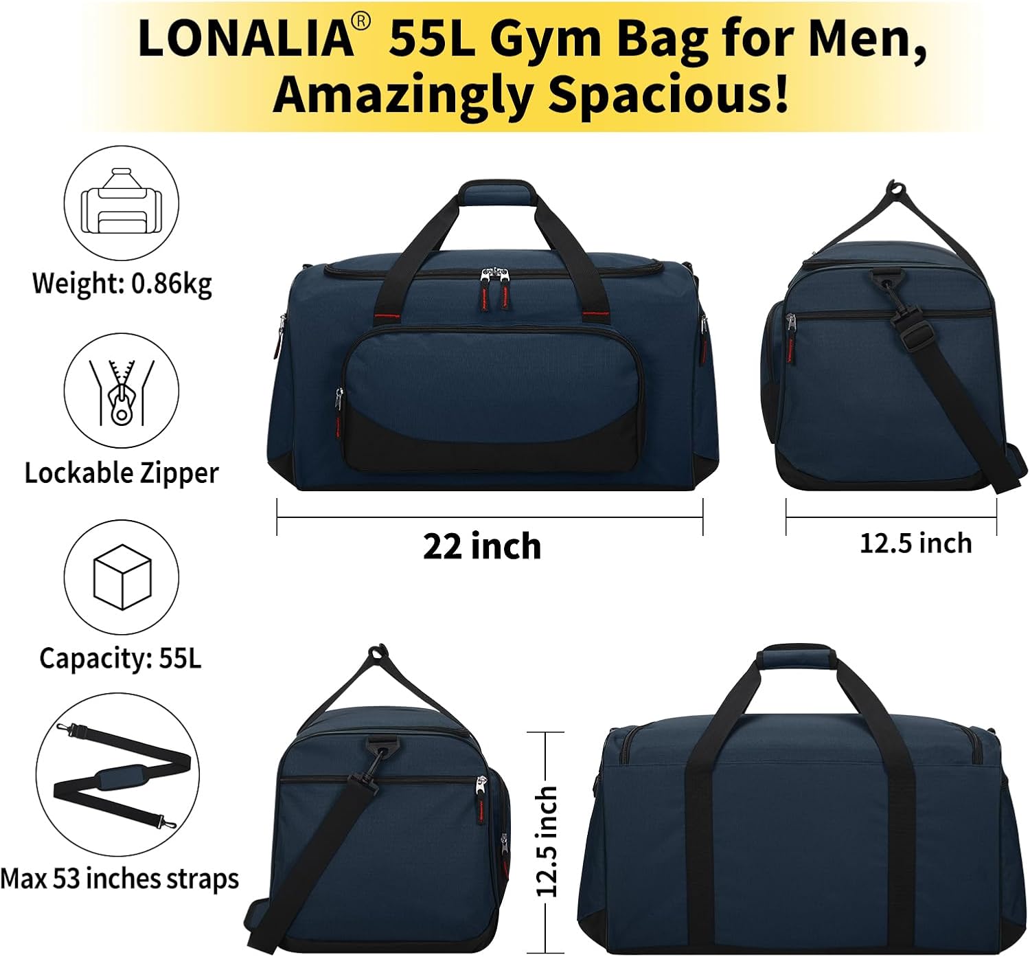 55L Large Sports Duffle Bag for Men - 22 inch Men's Gym Bag Heavy Duty Duffel Bag (Navy Blue) - Image 6