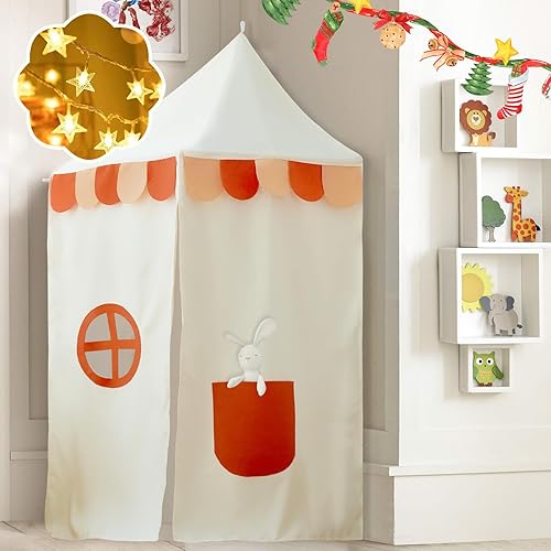 Miniatura 7 de Annualring Tienda de campaña colgante de esquina con luces de estrella, tipi de esquina triangular para niños con decoración de borla de bandera