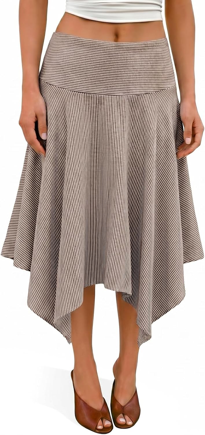 Tankaneo Womens Striped High Waisted Midi Skirt Summer Flowy Asymmetric Hem Casual A Line Skirts