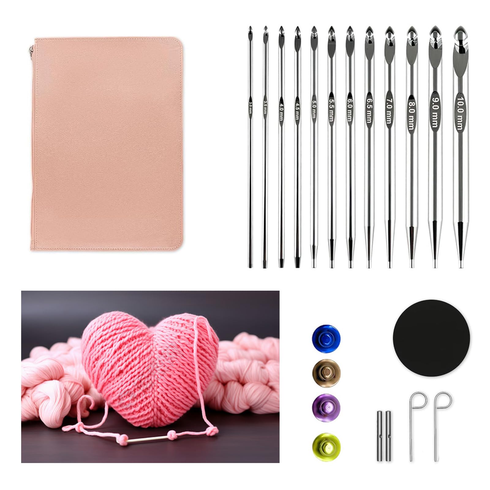 Kelisdi Set di uncinetti tunisini da 3 mm-10,0 mm, set di uncinetti intercambiabili con borsa per riporre accessori per maglieria