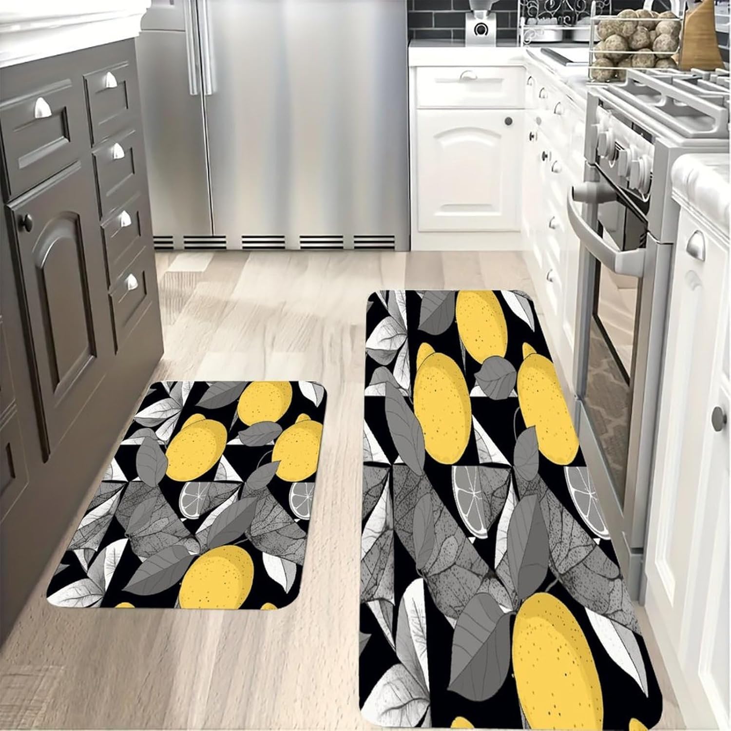Geometric Lemon Pattern Kitchen Mats with 2PCS Non-Slip Washable,Kitchen Rug Heavy Duty Durable, Floor Mats for Kitchen,Office,Sink,Laundry